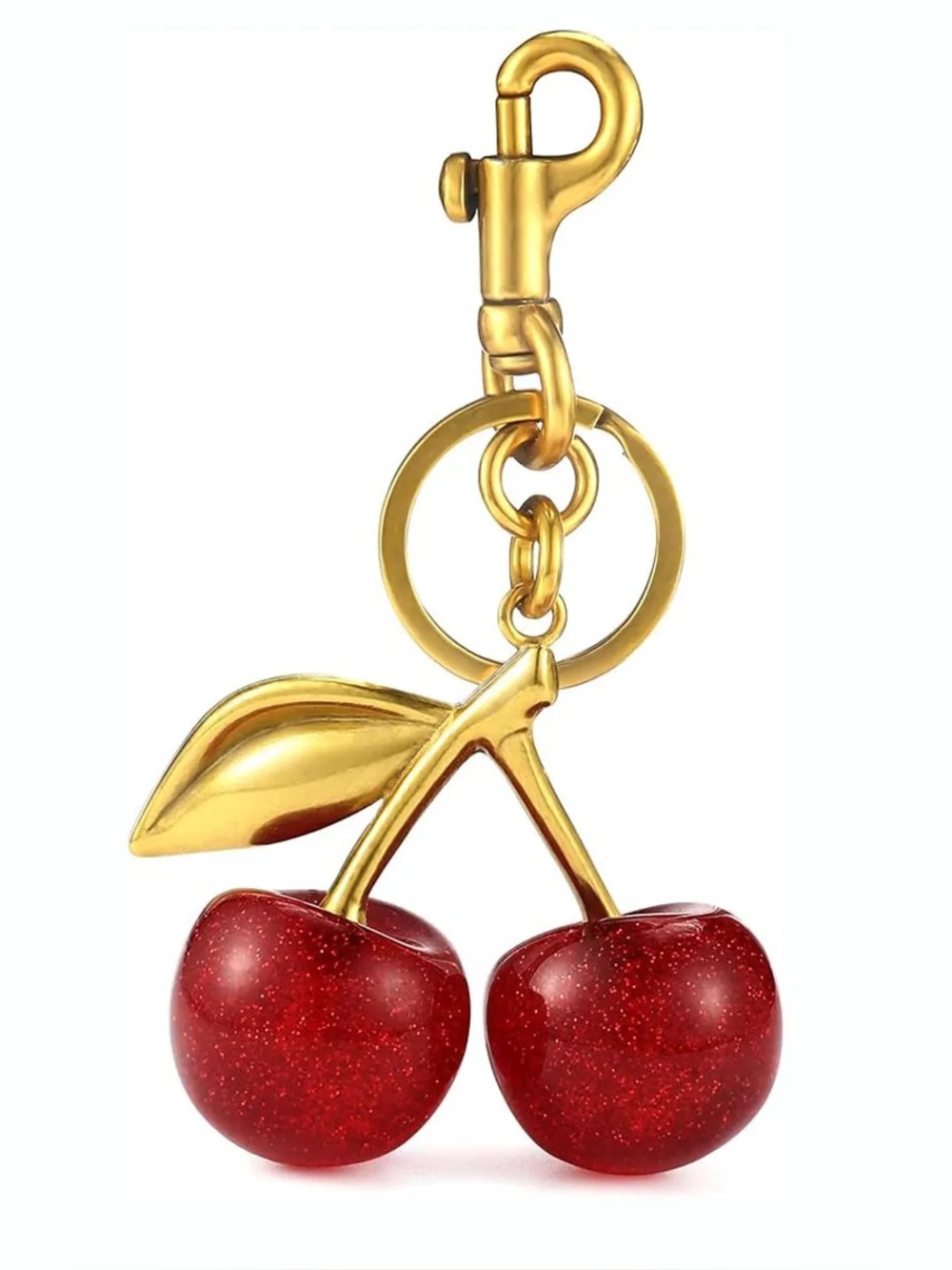 Gold Cherry Keychain with Glitter Red Cherries